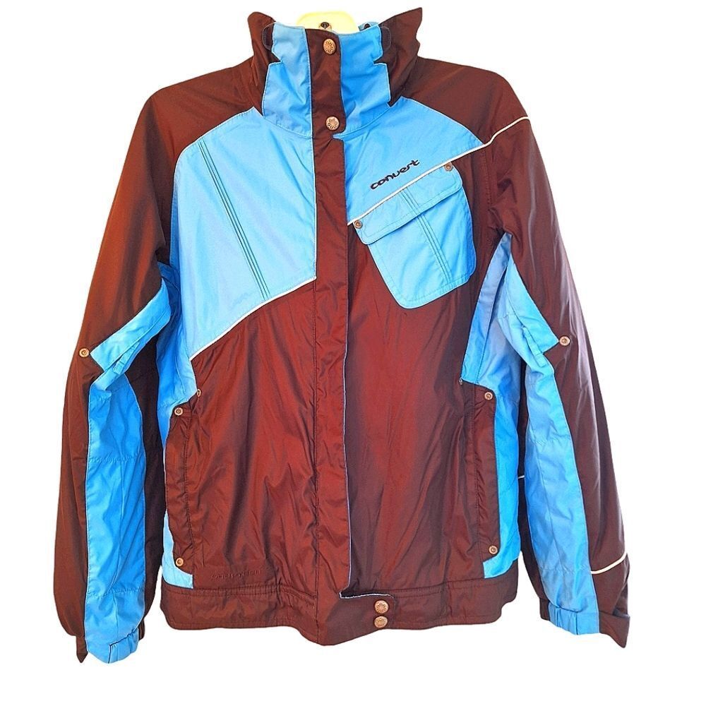 Columbia Women’s Convert Boardwear Snowboard Ski Jacket Brown Blue Snap Hood Med